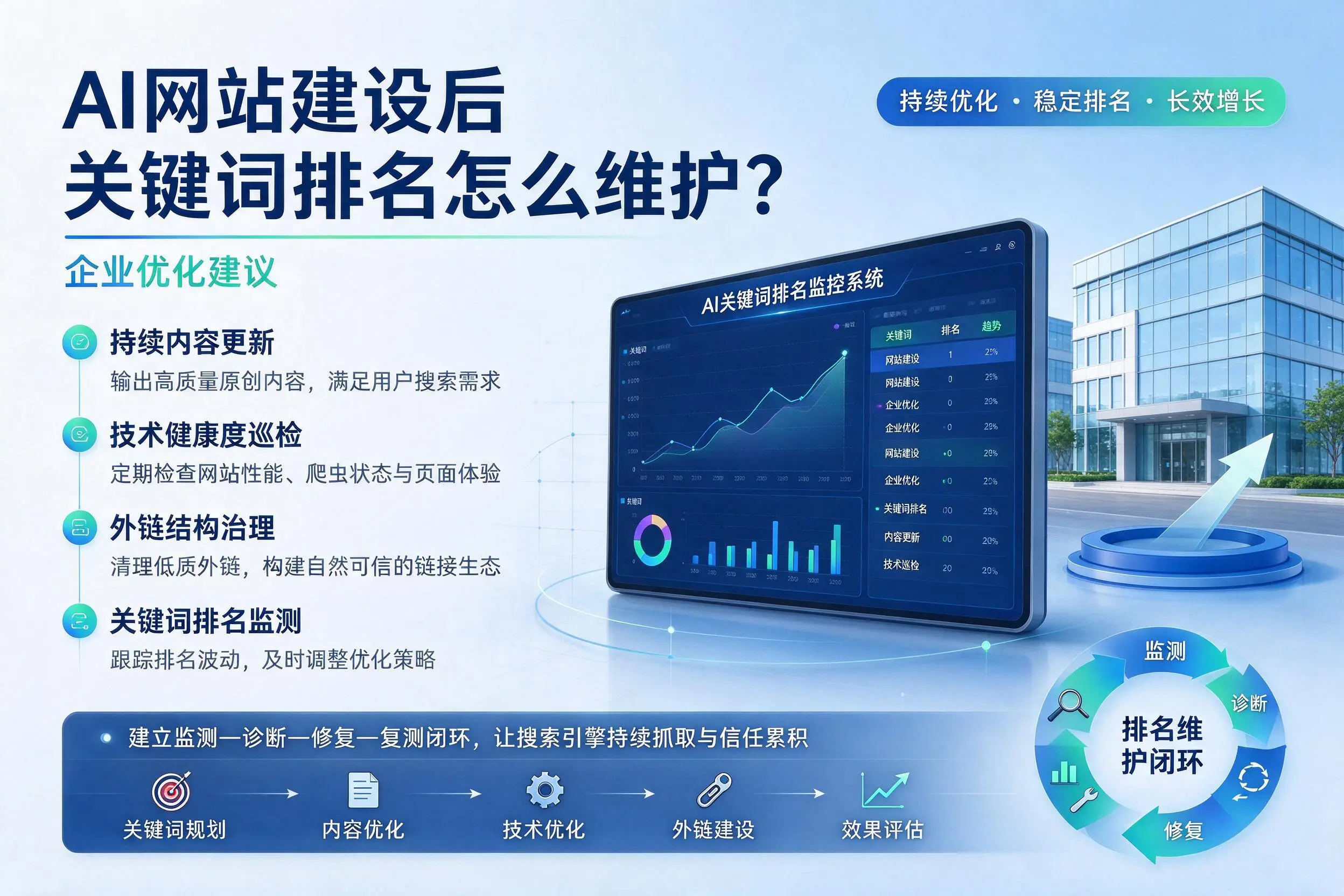 AI网站建设后关键词排名怎么维护？梧州企业优化建议