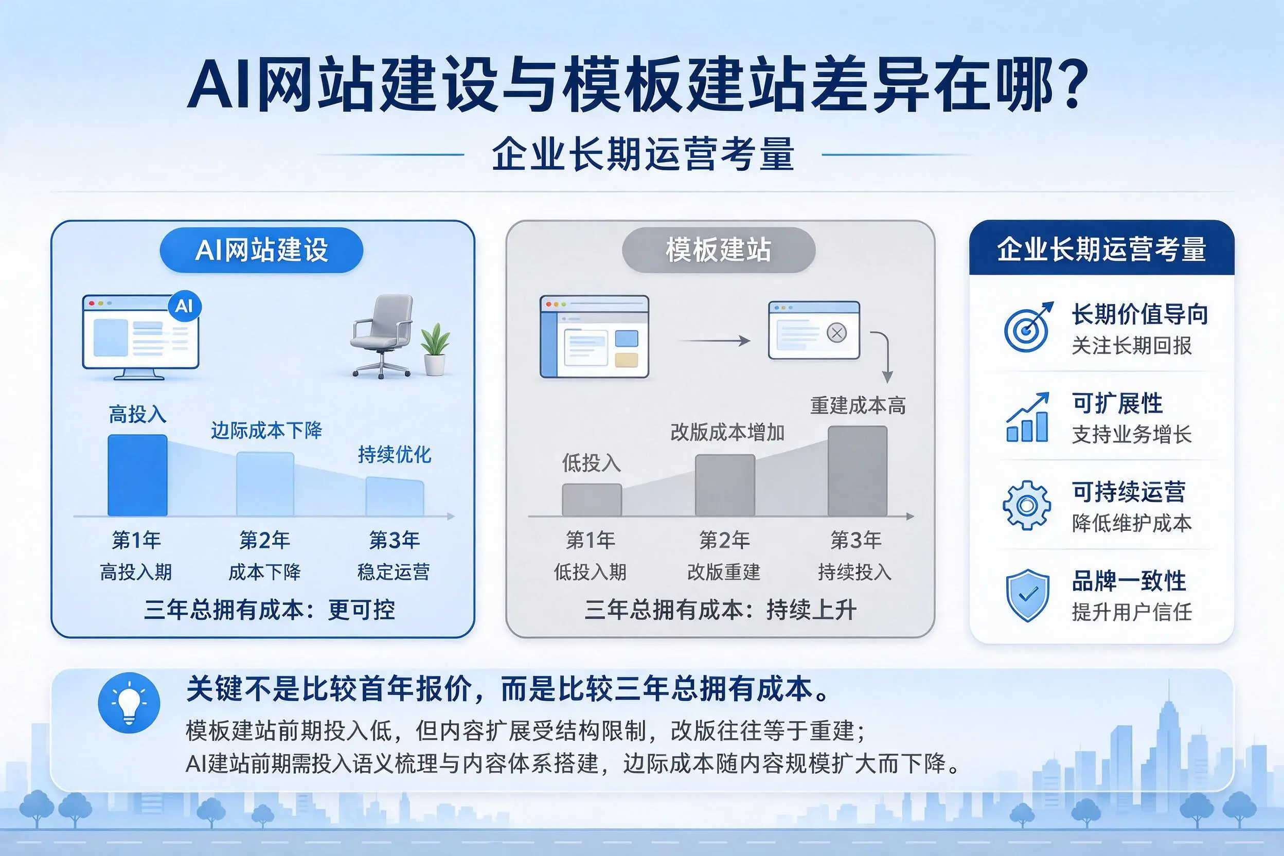 AI网站建设与模板建站差异在哪?梧州企业长期运营考量